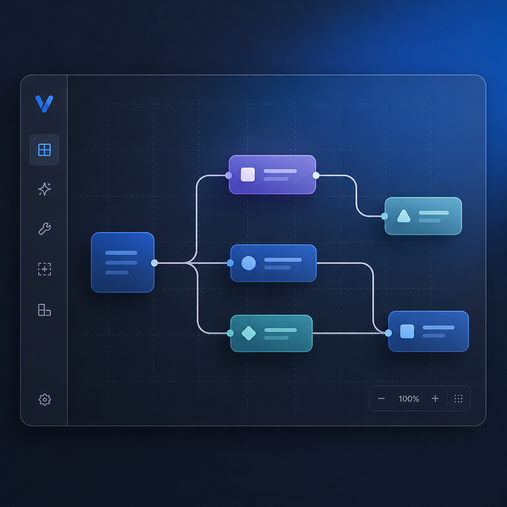 Flow canvas with node editing and connector controls